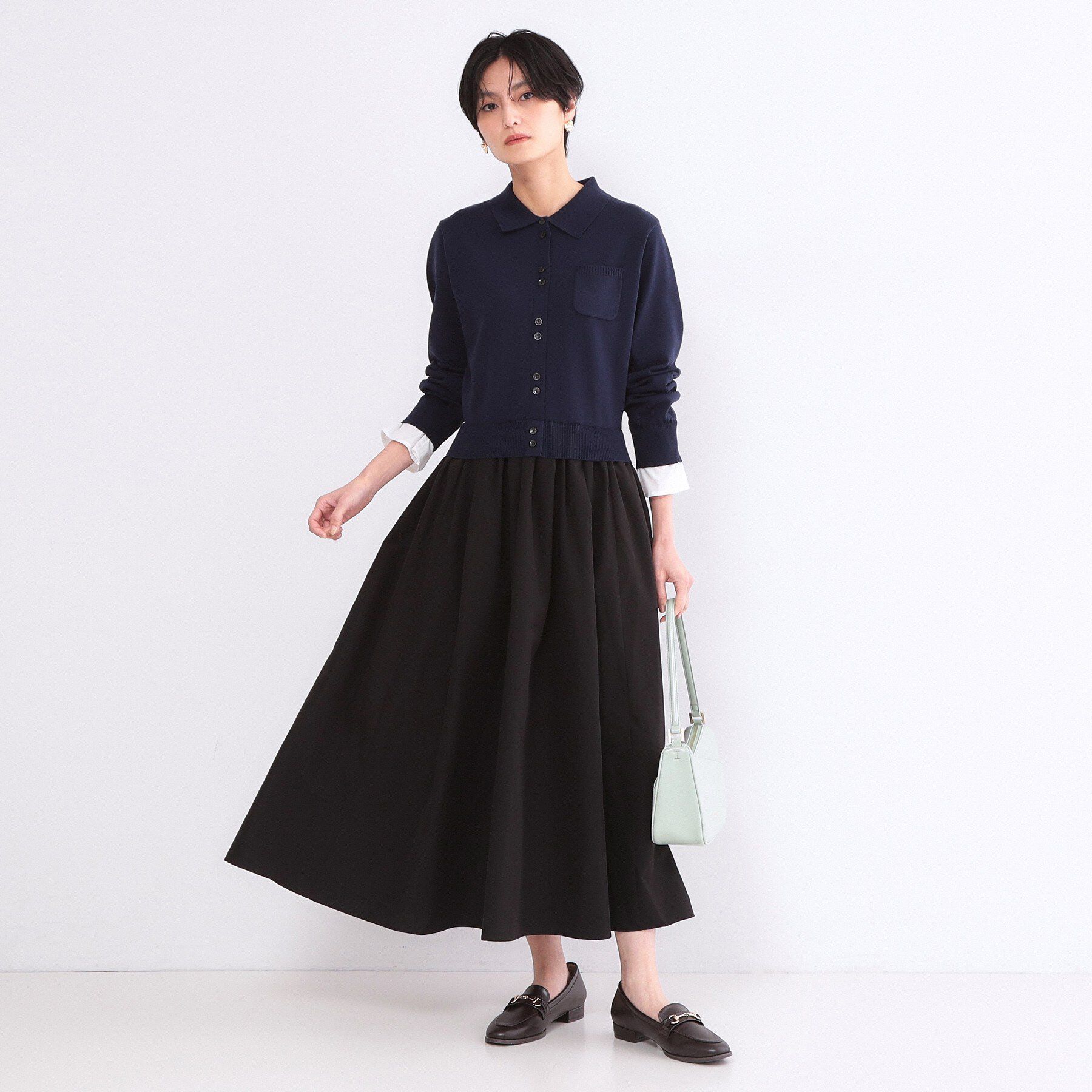 OPAQUE.CLIP「ポロ襟ニットドッキングフレアワンピース【洗濯機OK】」|ワンピース|