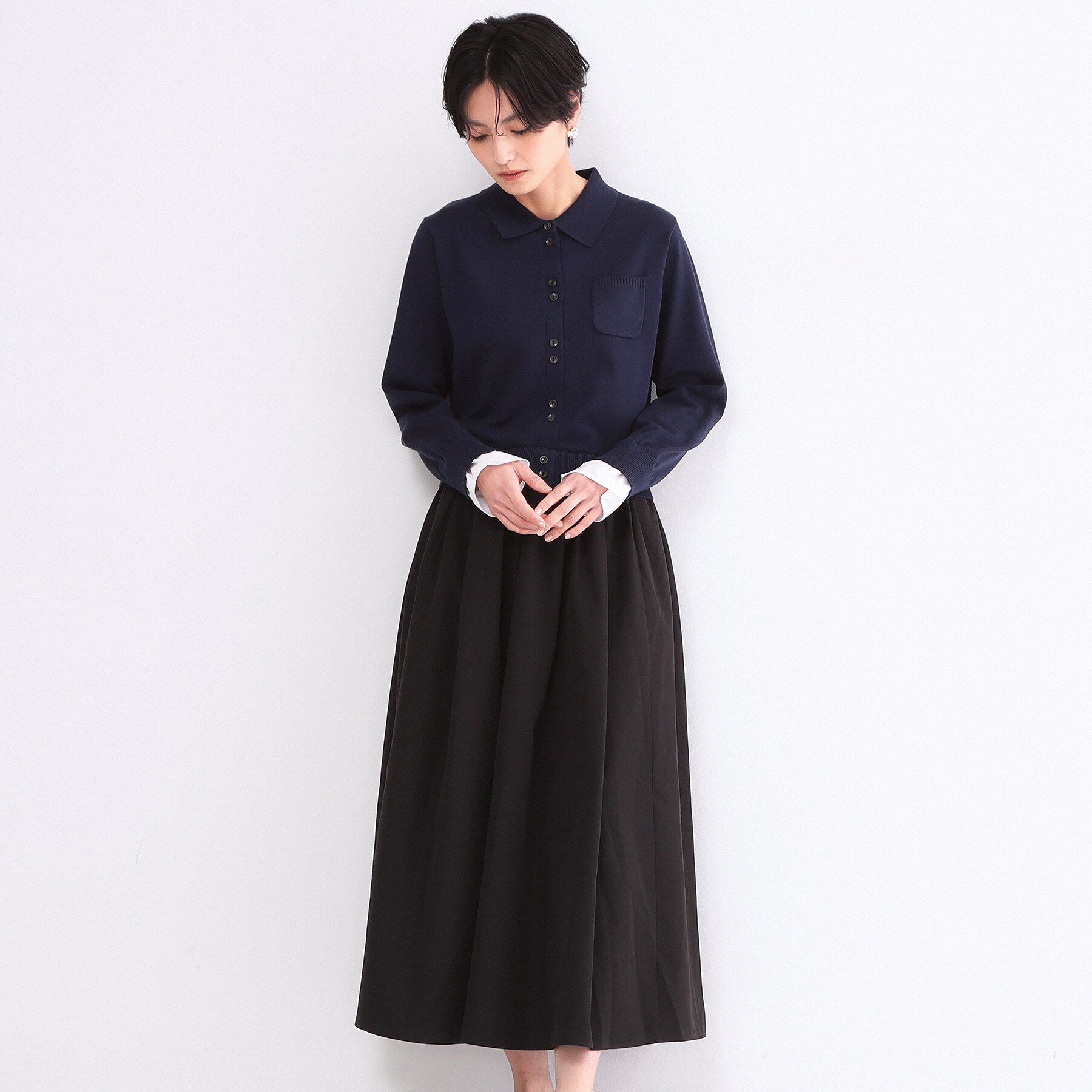 OPAQUE.CLIP「ポロ襟ニットドッキングフレアワンピース【洗濯機OK】」|ワンピース|ネイビー(594)