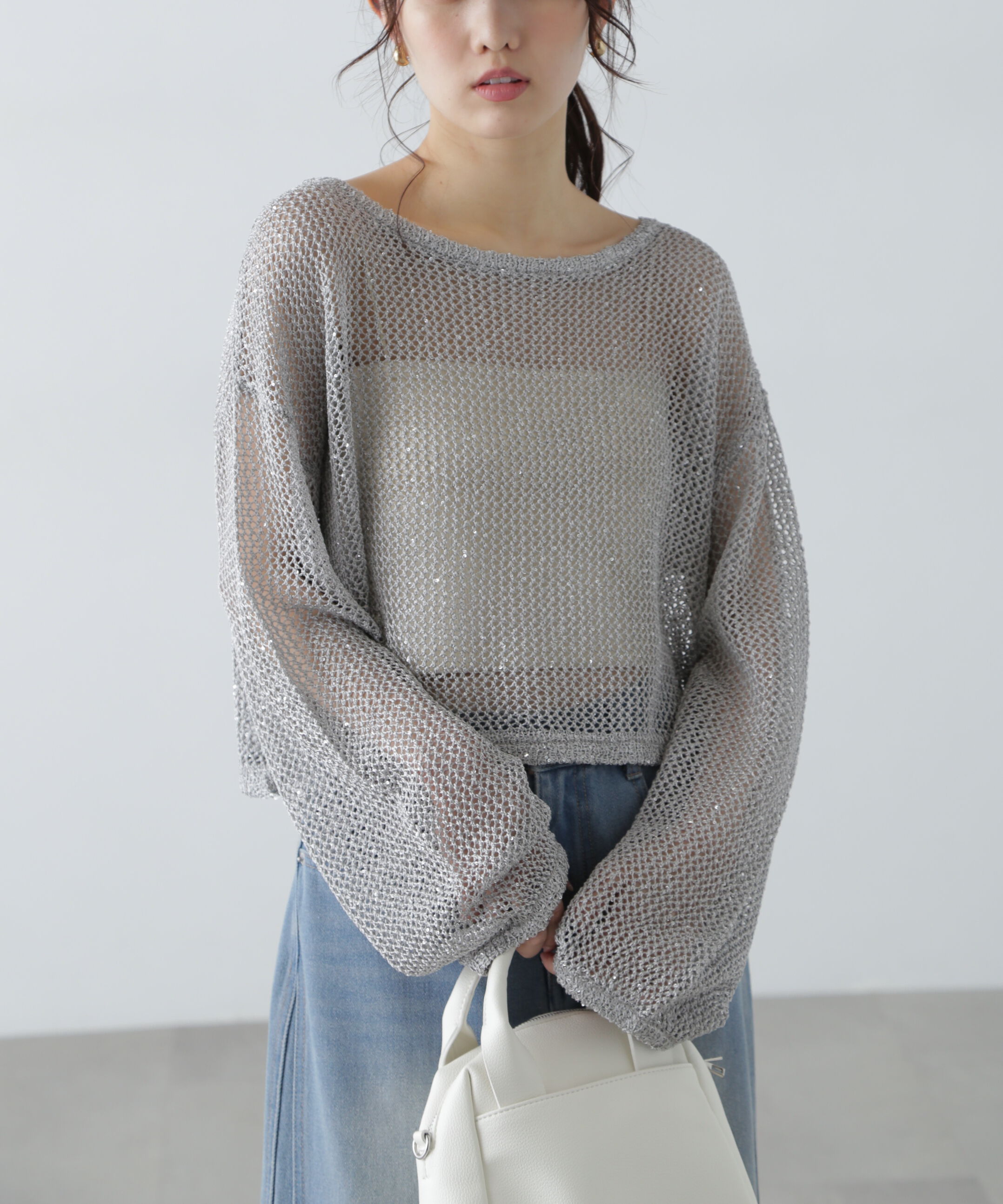  「メッシュスパンコールニット」|ニット・セーター|グレー