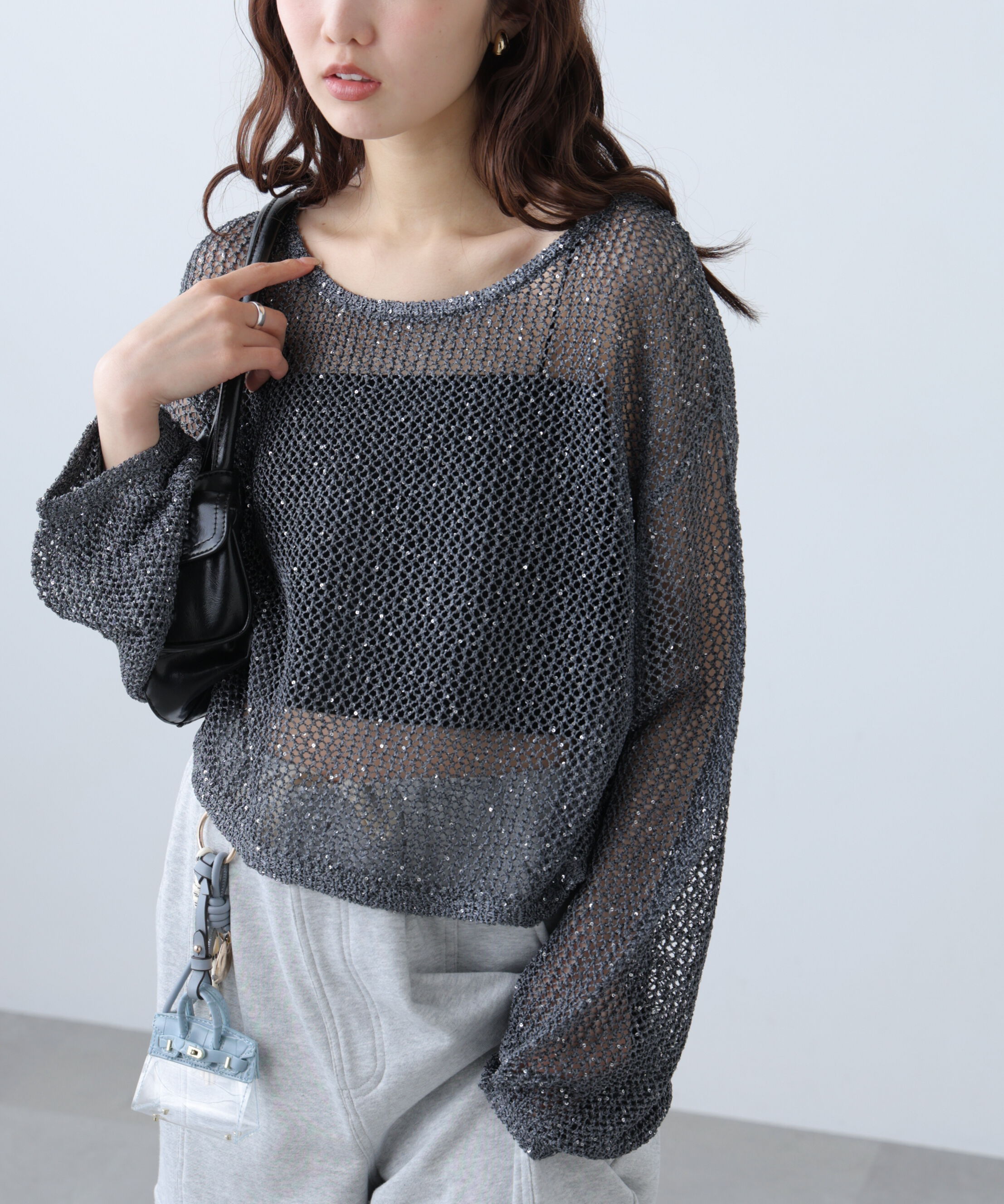  「メッシュスパンコールニット」|ニット・セーター|チャコールグ 1