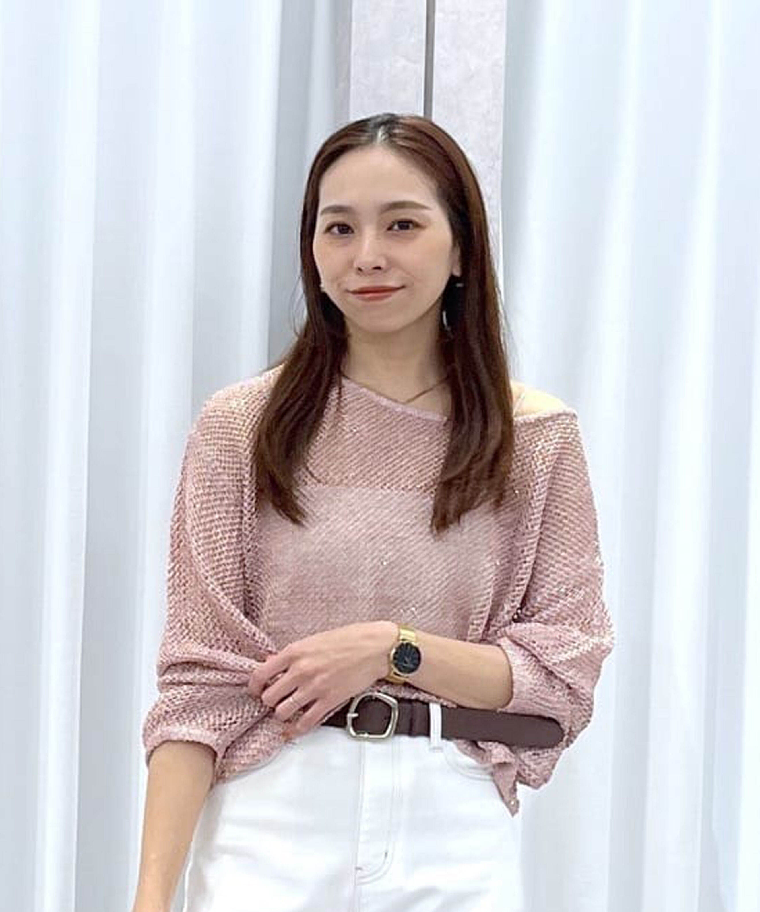  「メッシュスパンコールニット」|ニット・セーター|ピンク