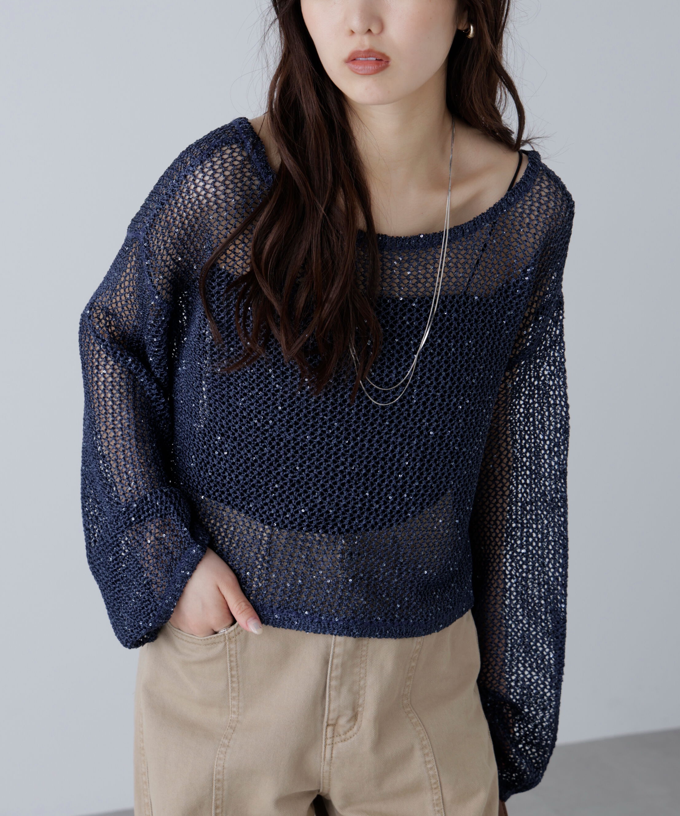  「メッシュスパンコールニット」|ニット・セーター|ネイビー