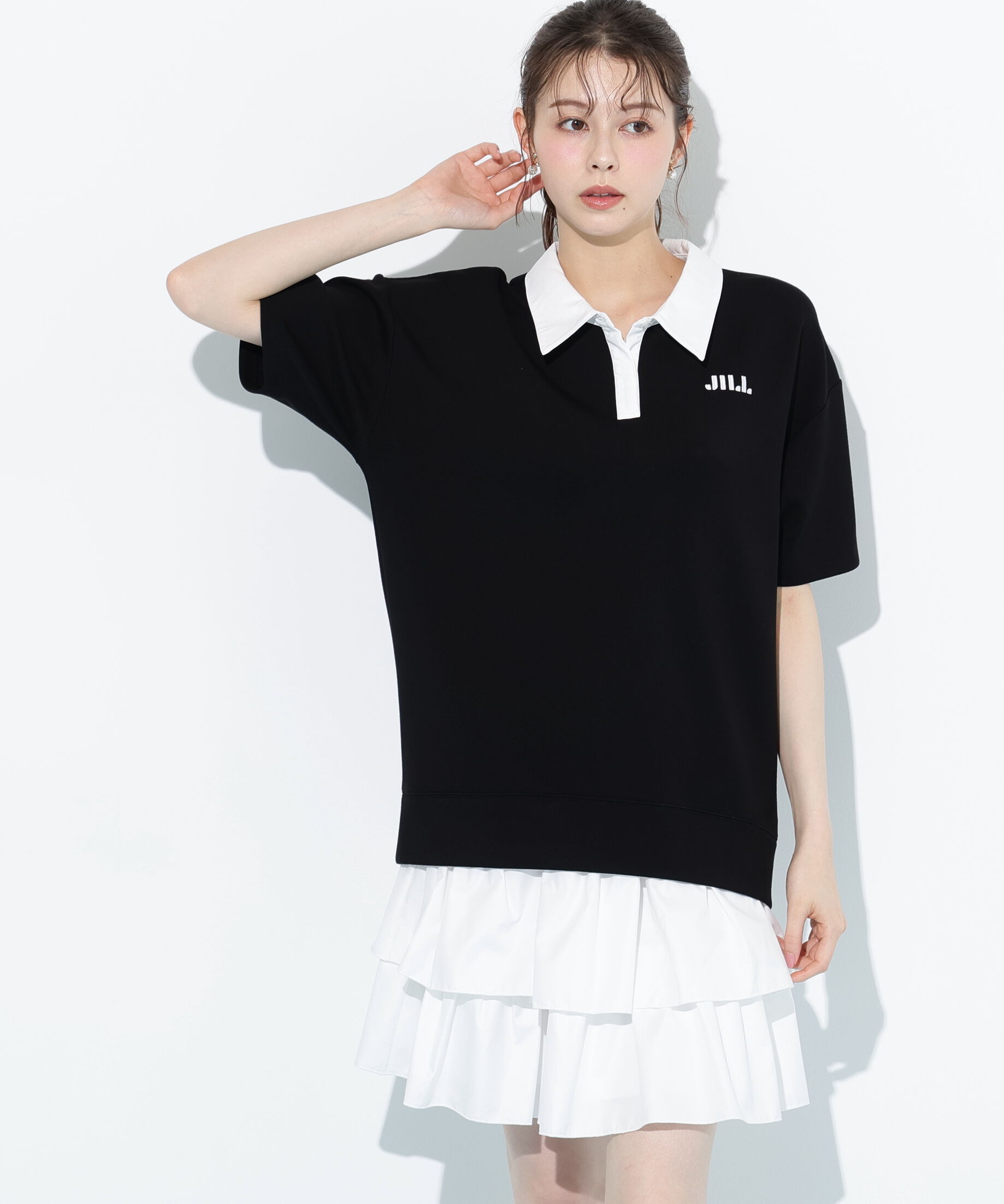  「五分袖ポロ衿スウェットフリルミニセットアップ」|ワンピース|