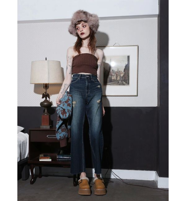 EVRIS「バックリボンワイドデニムパンツ」|デニム|