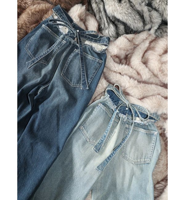 EVRIS「バックリボンワイドデニムパンツ」|デニム|