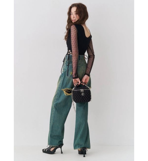 EVRIS「BACKスラッシュレースワイドデニムパンツ」|デニム|