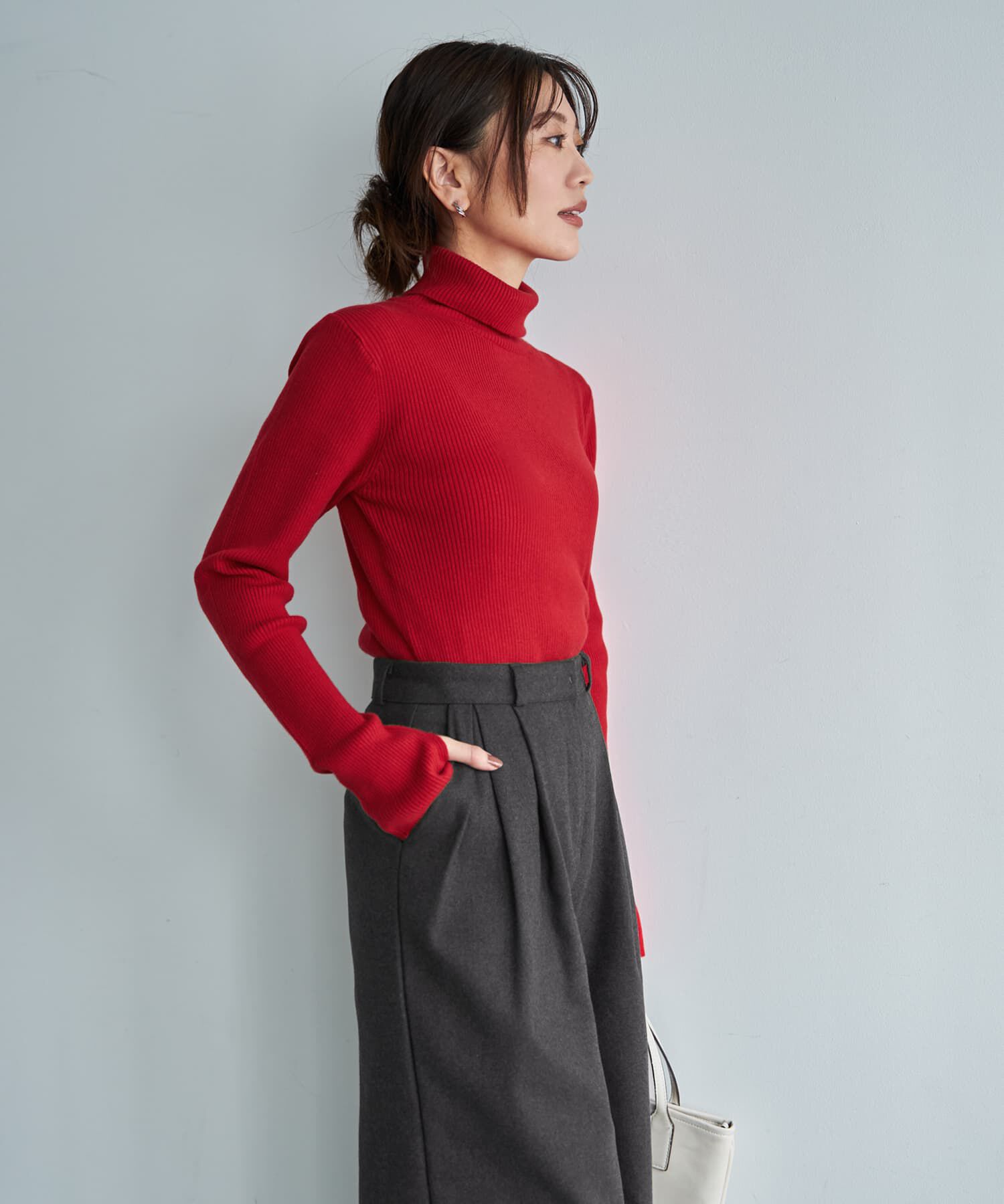 STYLE DELI「柔らかなカシミヤ混リブ編みタートルニット」|ニット・セーター|