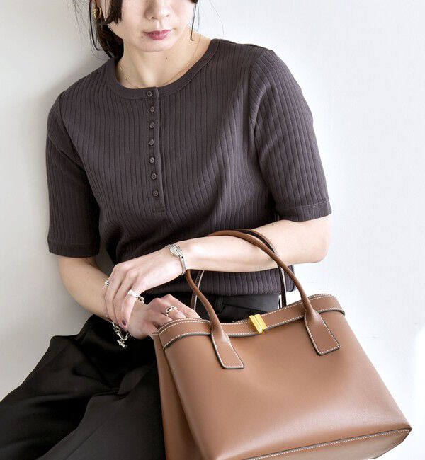 quaranciel「quaranciel:〈洗濯機可能〉テレコ リブ クルー ヘンリー 2way ハーフスリーブ TEE」|Tシャツ・カットソー|