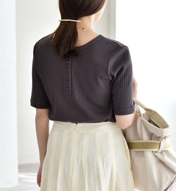 quaranciel「quaranciel:〈洗濯機可能〉テレコ リブ クルー ヘンリー 2way ハーフスリーブ TEE」|Tシャツ・カットソー|