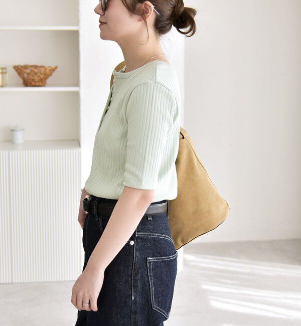 quaranciel「quaranciel:〈洗濯機可能〉テレコ リブ クルー ヘンリー 2way ハーフスリーブ TEE」|Tシャツ・カットソー|