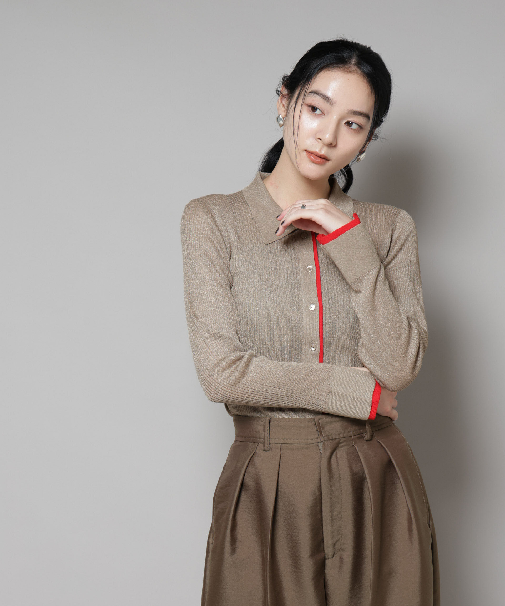 nano･universe「バイカラーシアーリブ衿付きカーディガン」|ニット・セーター|