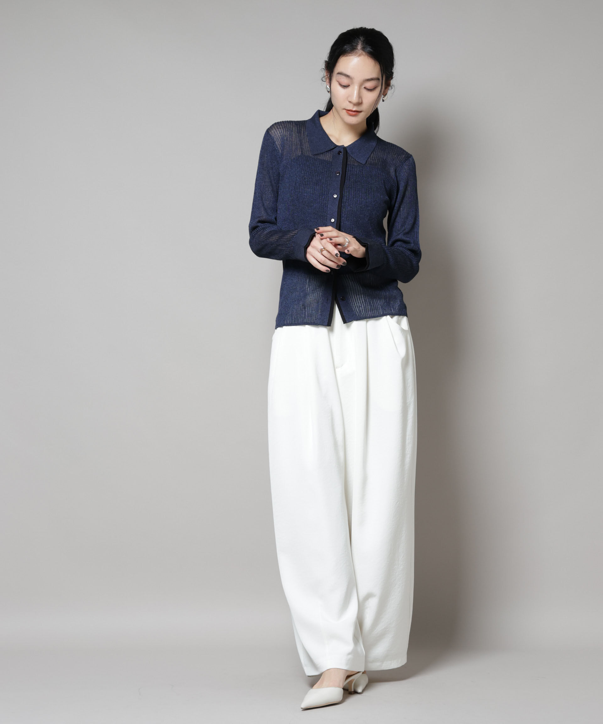 nano･universe「バイカラーシアーリブ衿付きカーディガン」|ニット・セーター|