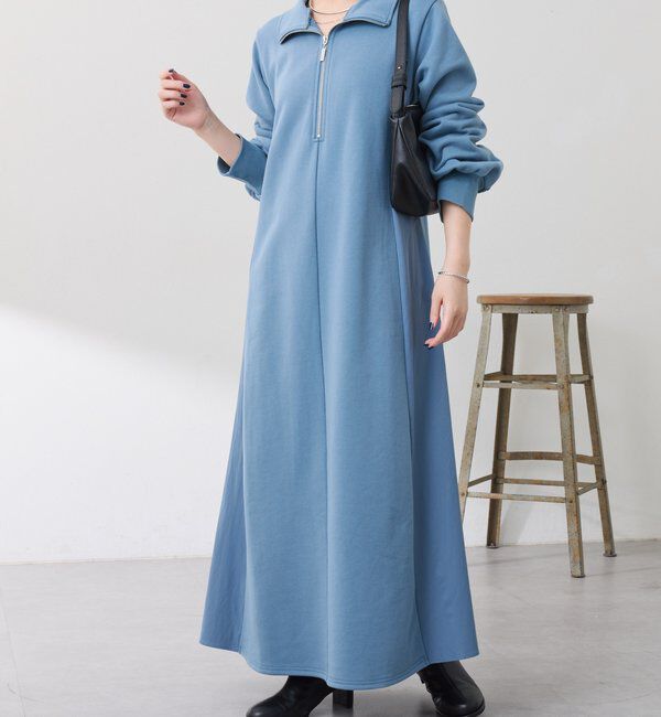  「異素材ドッキングハーフジップワンピース」|ワンピース|ブルー