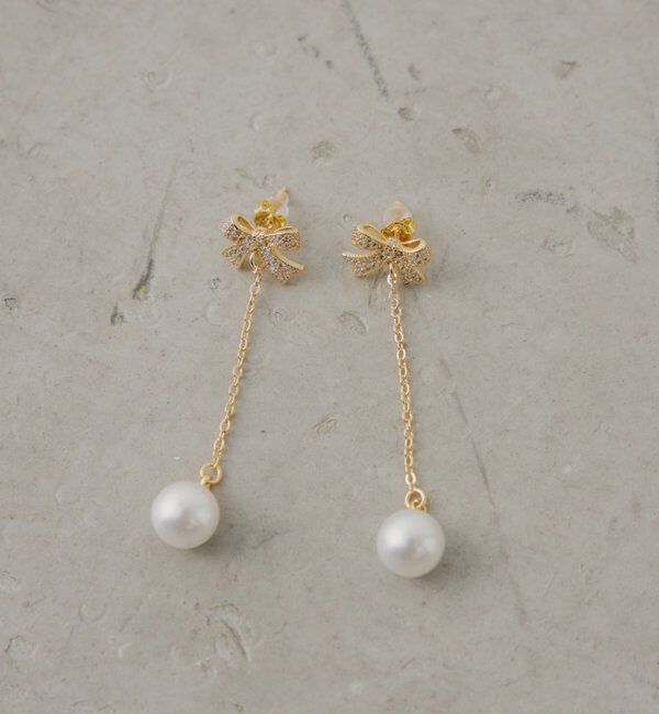  「ドロップパールリボンピアス」|ピアス|ゴールド