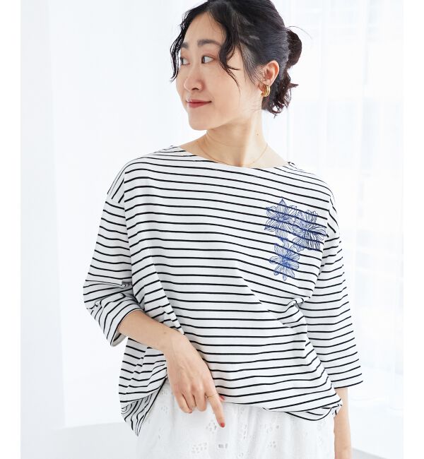 le.coeur blanc「ボーダーモチーフ刺繍カットソー」|Tシャツ・カットソー|