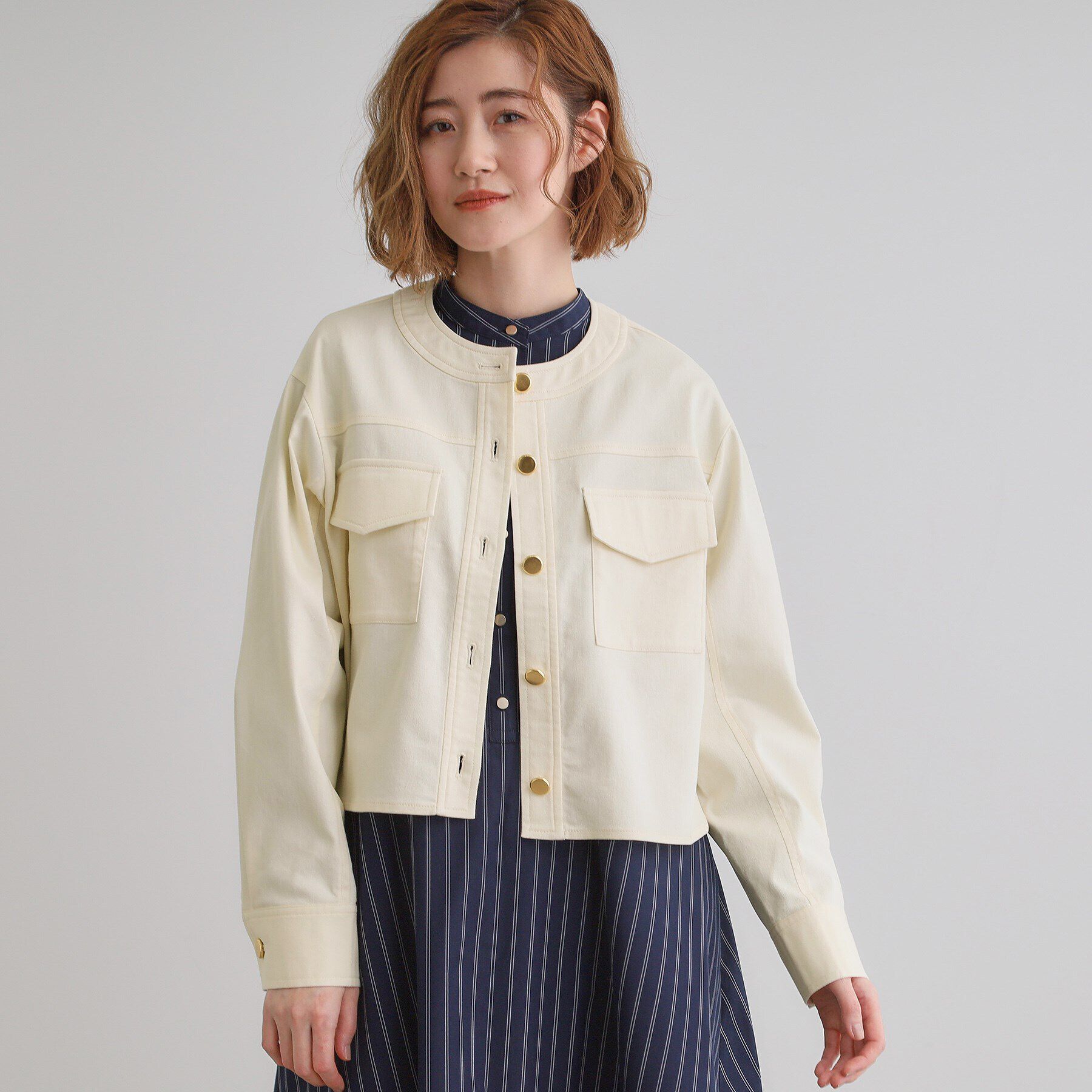 grove「ライトデニムノーカラージャケット」|デニムジャケット|アイボリー(004)