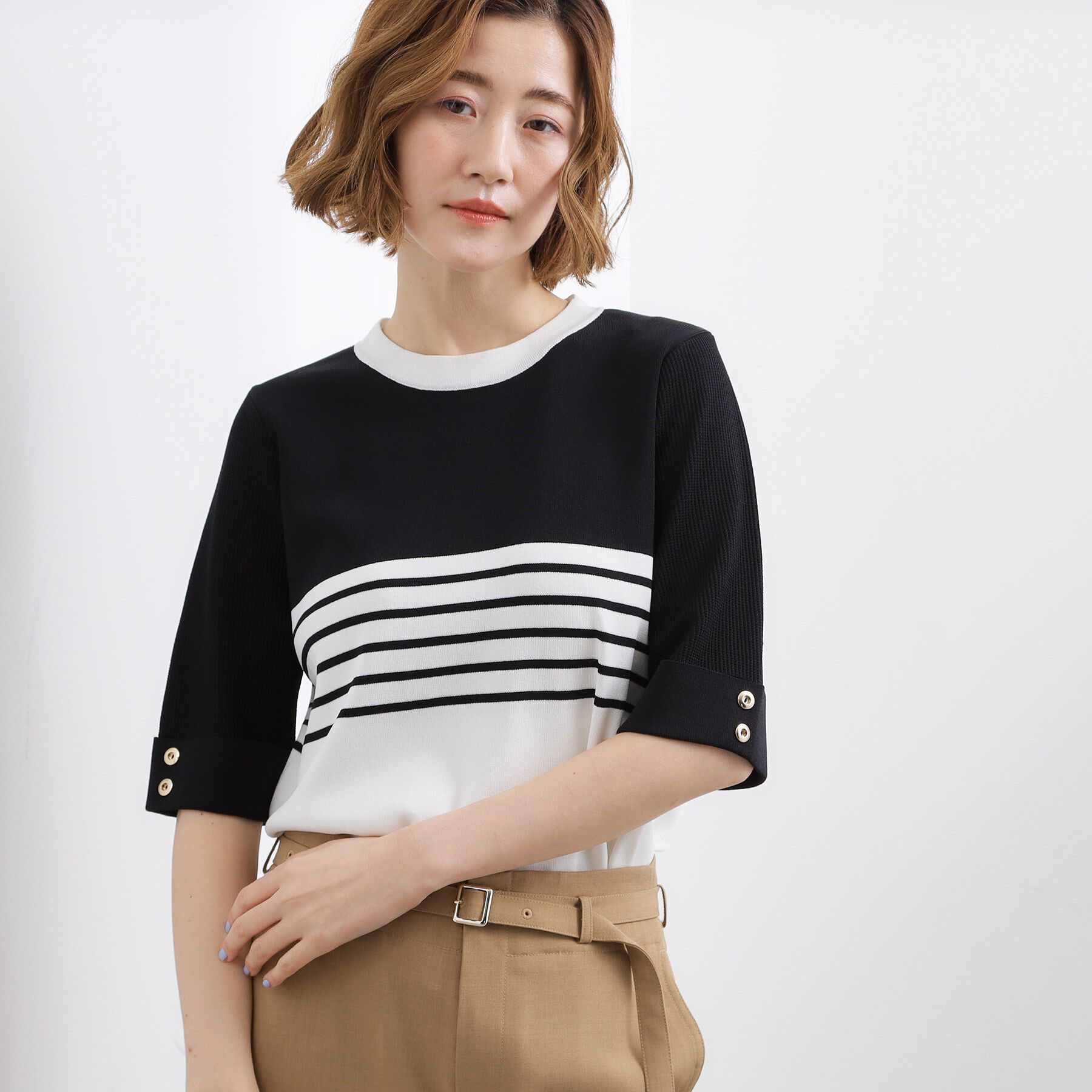 grove「やわらかドライタッチ 袖メッシュ編みニット」|ニット・セーター|ブラック&times;オフ(51