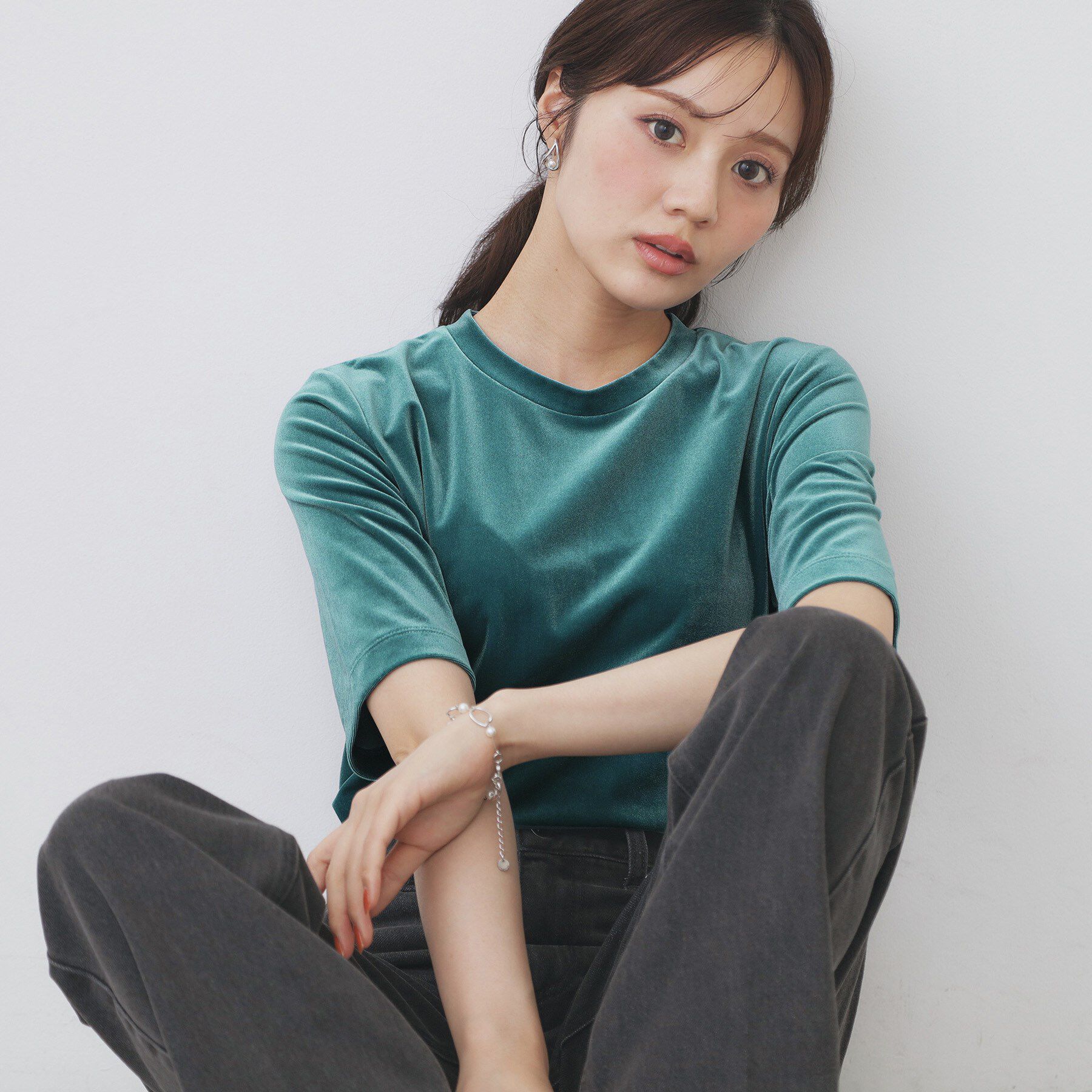 index「《andGIRL掲載》ベロアボクシーTシャツ【洗濯機洗い可】」|Tシャツ・カットソー|グリーン(023)