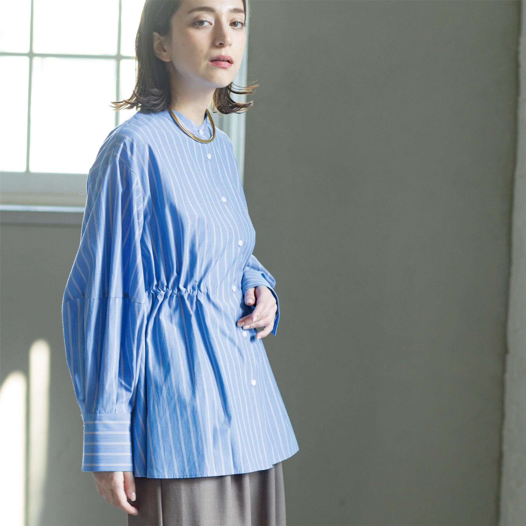 OPAQUE.CLIP「ストライプペプラムデザインブラウス【洗濯機OK】」|シャツ・ブラウス|ブルー(391)