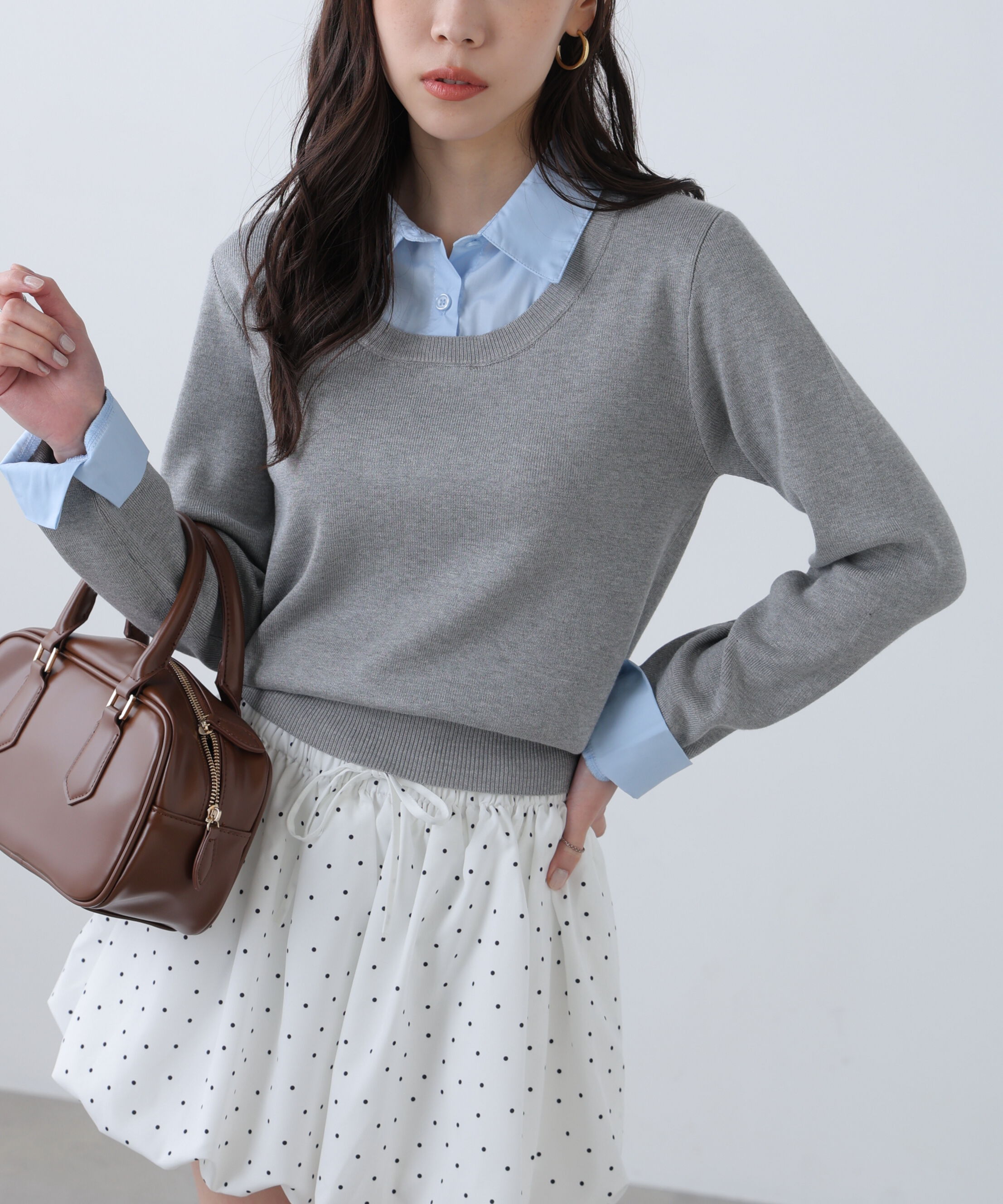  「シャツレイヤードクルーネックニット」|ニット・セーター|グレー