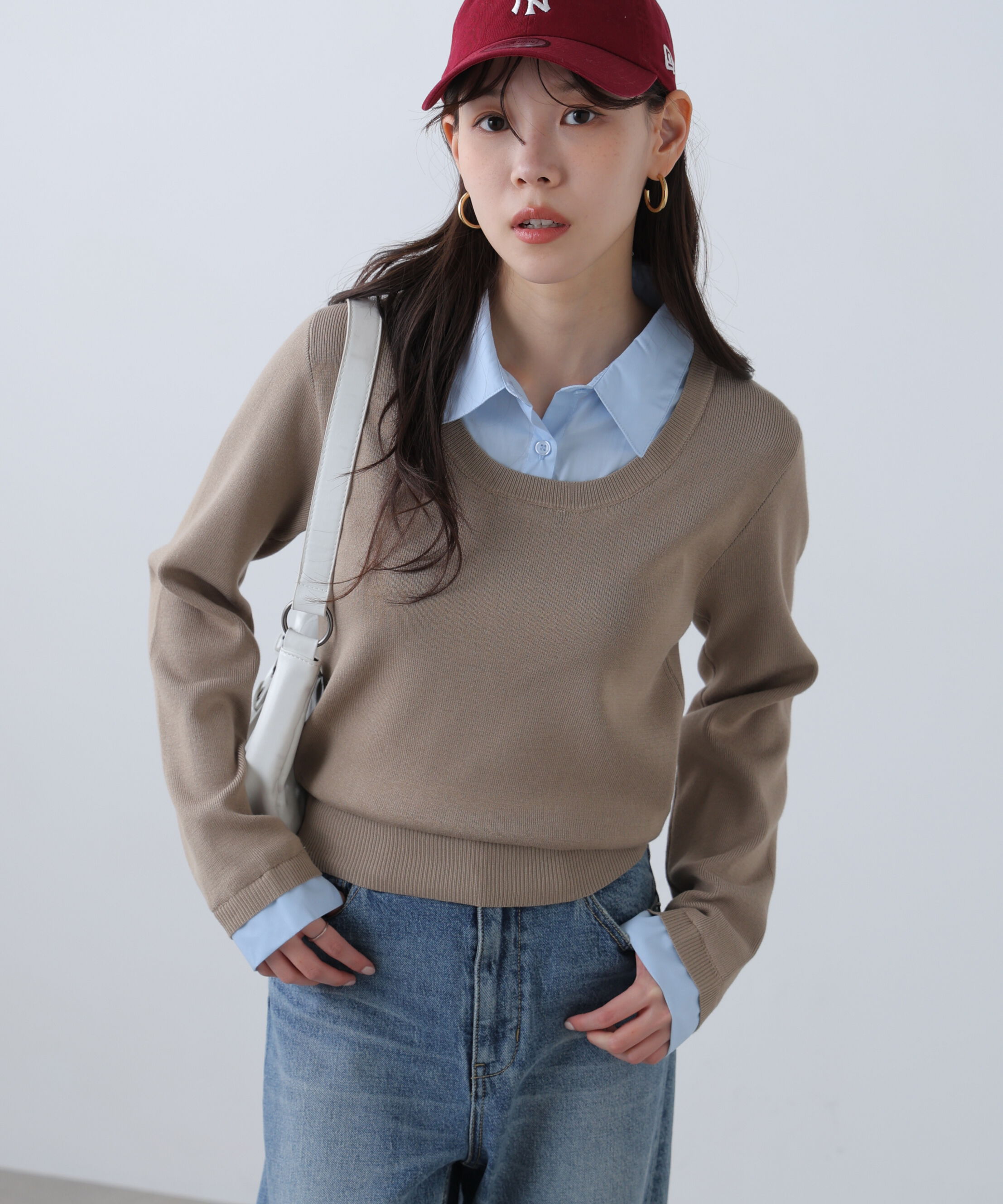  「シャツレイヤードクルーネックニット」|ニット・セーター|ベージュ