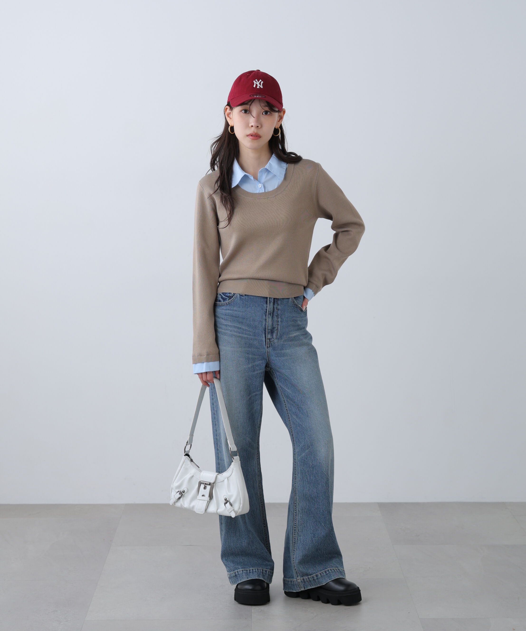  「シャツレイヤードクルーネックニット」|ニット・セーター|