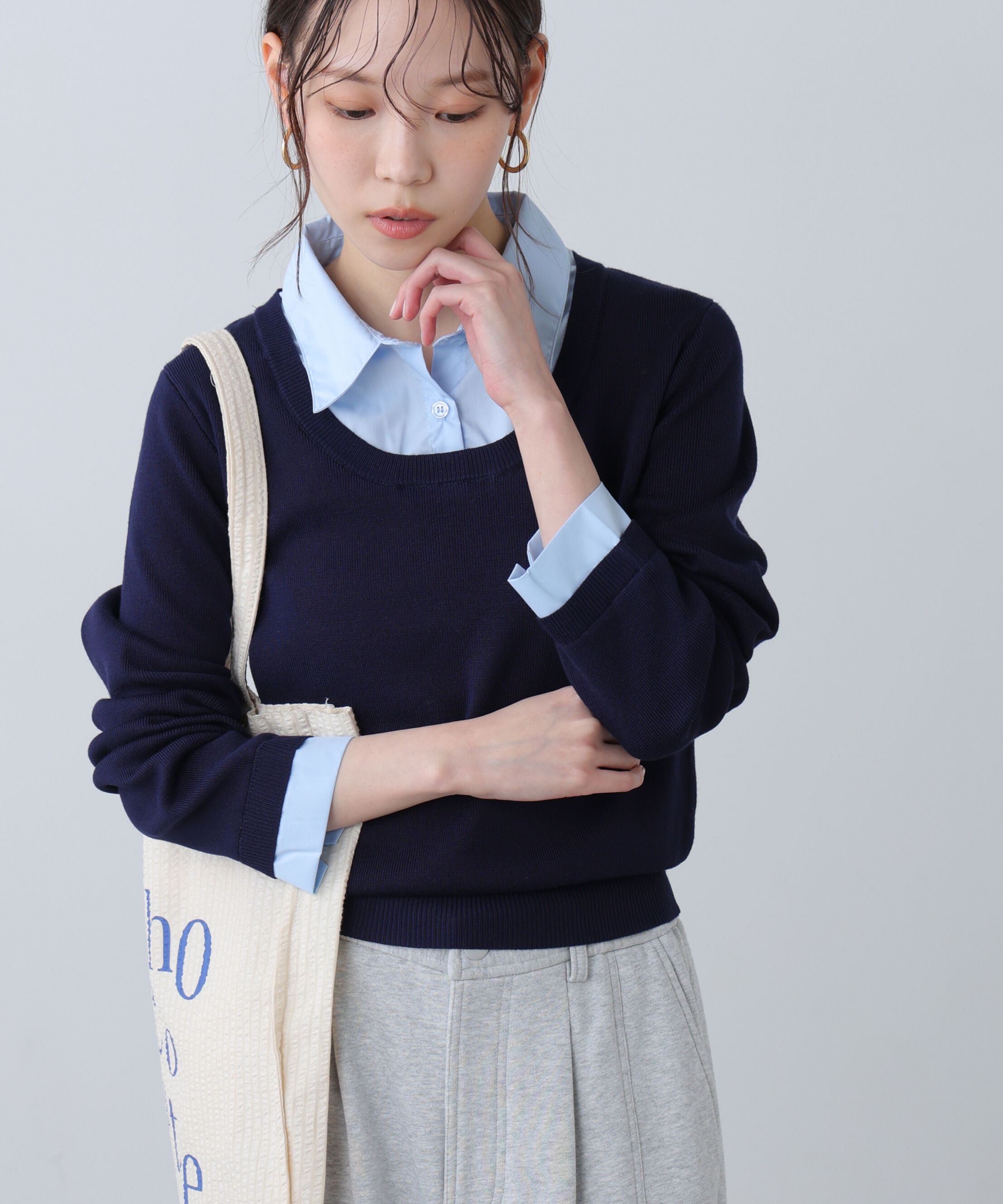  「シャツレイヤードクルーネックニット」|ニット・セーター|