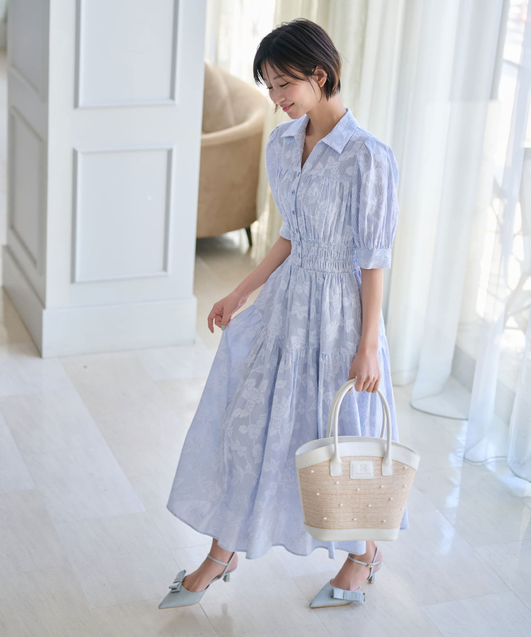  「ストライプジャガードシャツワンピース」|ワンピース|