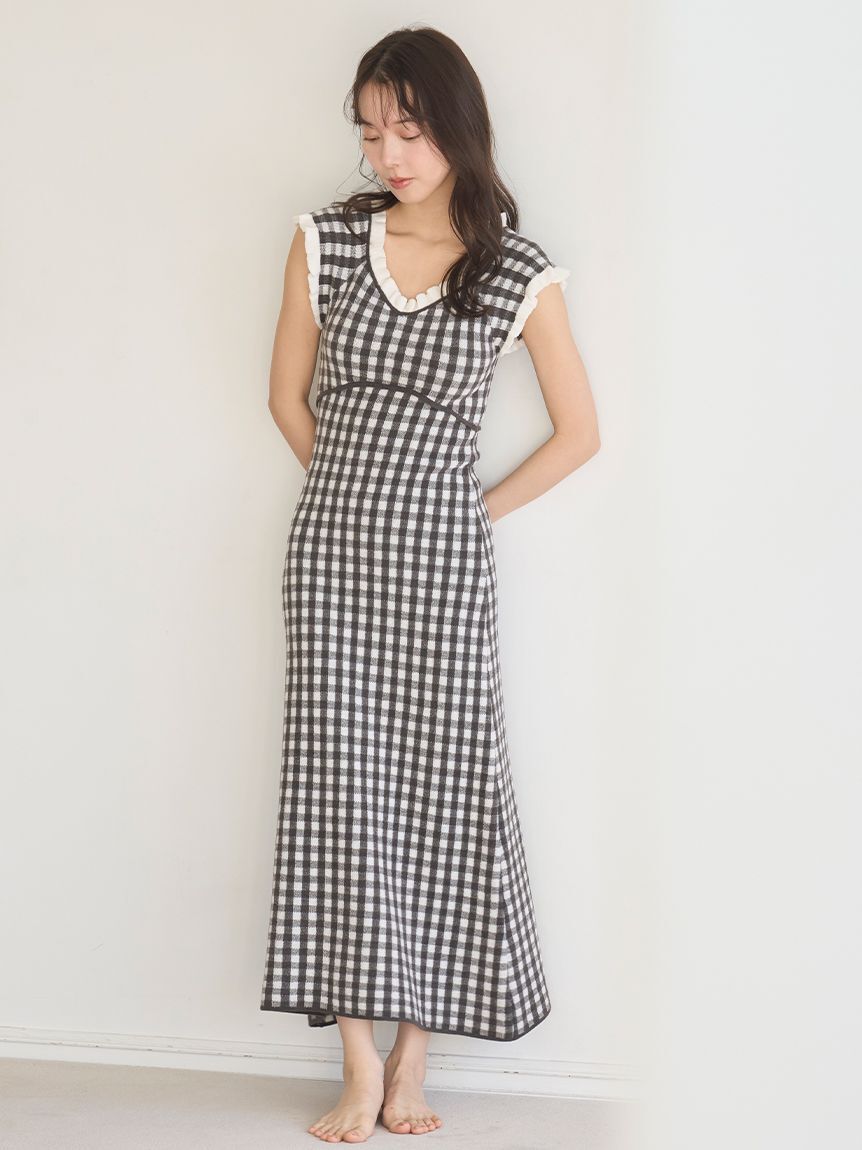 SNIDEL HOME「ギンガムフリルニットワンピース」|ルームウェア|BLK