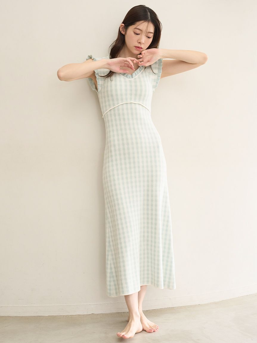 SNIDEL HOME「ギンガムフリルニットワンピース」|ルームウェア|