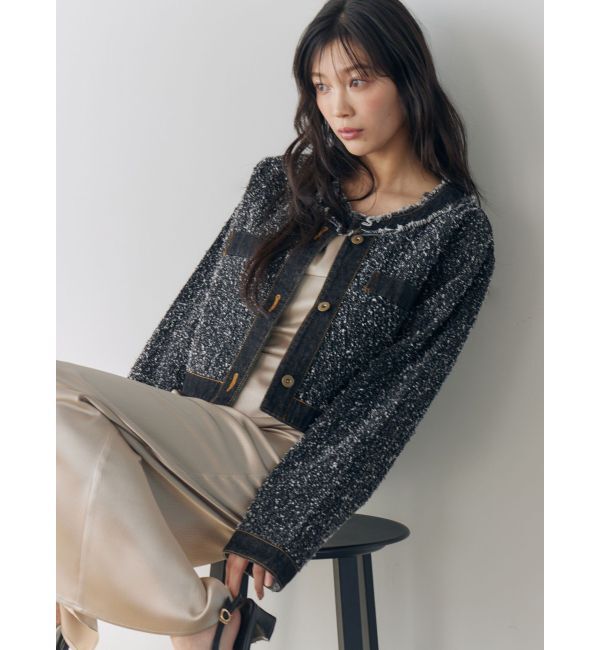 LAGUNAMOON「ツイードライクノーカラーデニムジャケット」|デニムジャケット|