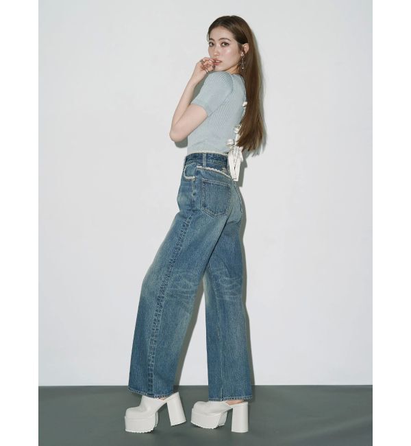 EVRIS「ハーフスリーブバックオープンリボンニットトップス」|ニット・セーター|