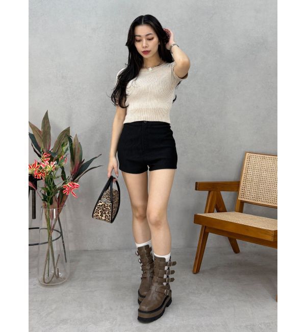 EVRIS「ハーフスリーブバックオープンリボンニットトップス」|ニット・セーター|