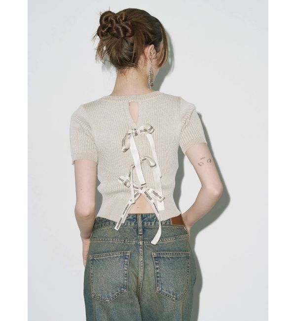 EVRIS「ハーフスリーブバックオープンリボンニットトップス」|ニット・セーター|
