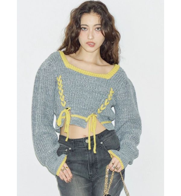 EVRIS「メランジバイカラーショートニットトップス」|ニット・セーター|グレー