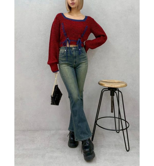 EVRIS「メランジバイカラーショートニットトップス」|ニット・セーター|