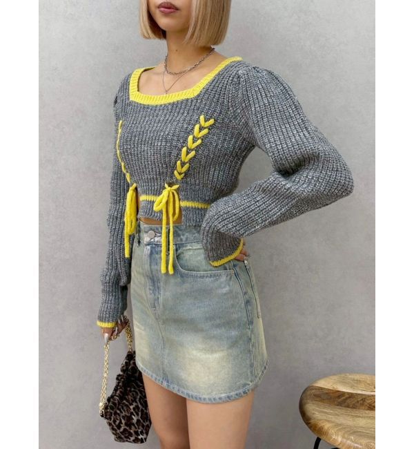 EVRIS「メランジバイカラーショートニットトップス」|ニット・セーター|