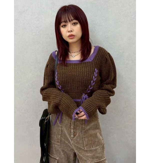 EVRIS「メランジバイカラーショートニットトップス」|ニット・セーター|ブラウン