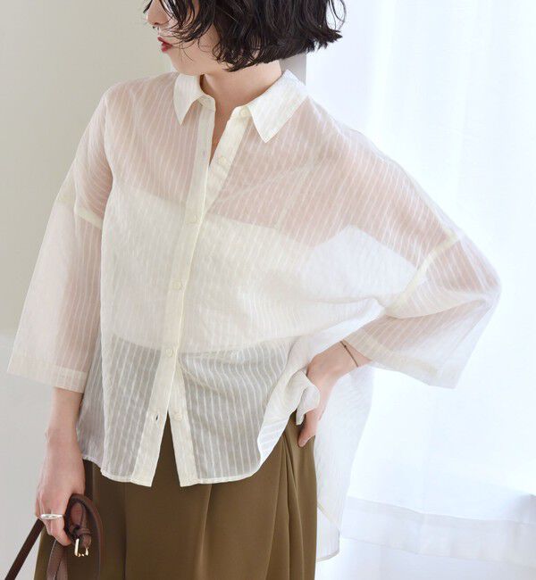 quaranciel「quaranciel:〈手洗い可能〉シアー ストライプ ボーダー ビッグ シャツ」|シャツ・ブラウス|ホワイト