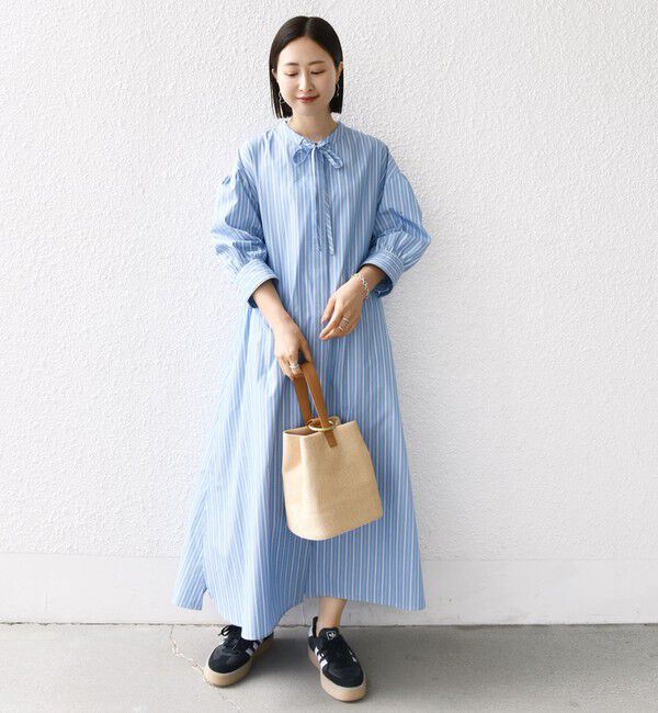 SHIPS for women「〈手洗い可能〉スタンドカラー リボン ストライプ シャツ ワンピース」|ワンピース|