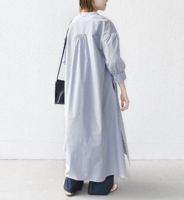 SHIPS for women「〈手洗い可能〉スタンドカラー リボン ストライプ シャツ ワンピース」|ワンピース|
