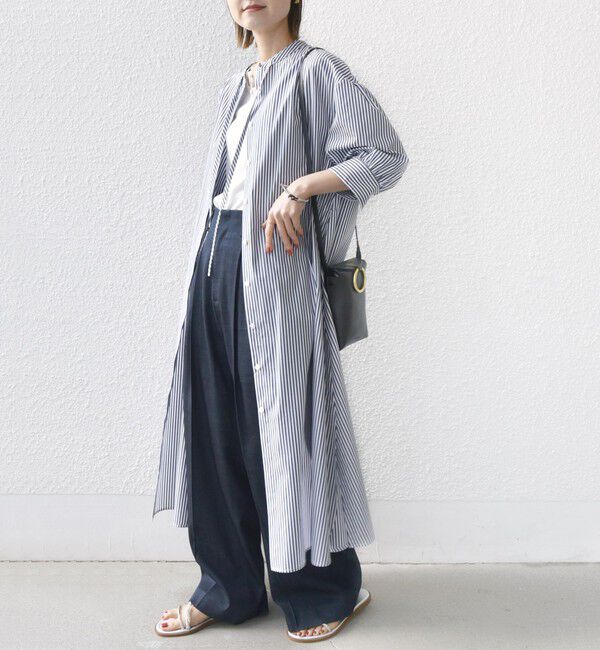 SHIPS for women「〈手洗い可能〉スタンドカラー リボン ストライプ シャツ ワンピース」|ワンピース|