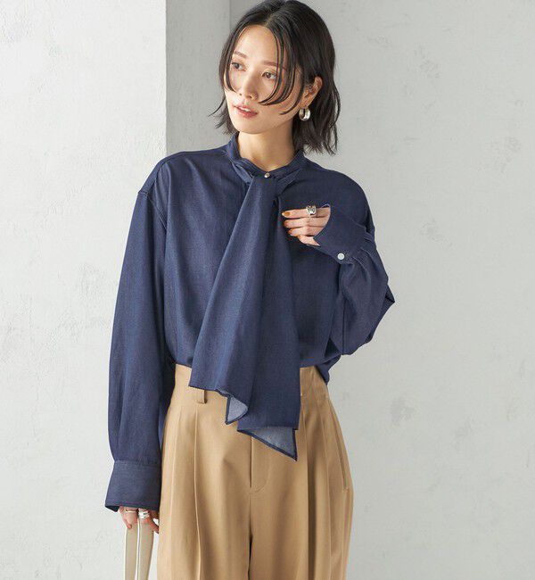 SHIPS for women「〈手洗い可能〉デニム ライク リボン タイ ブラウス」|シャツ・ブラウス|