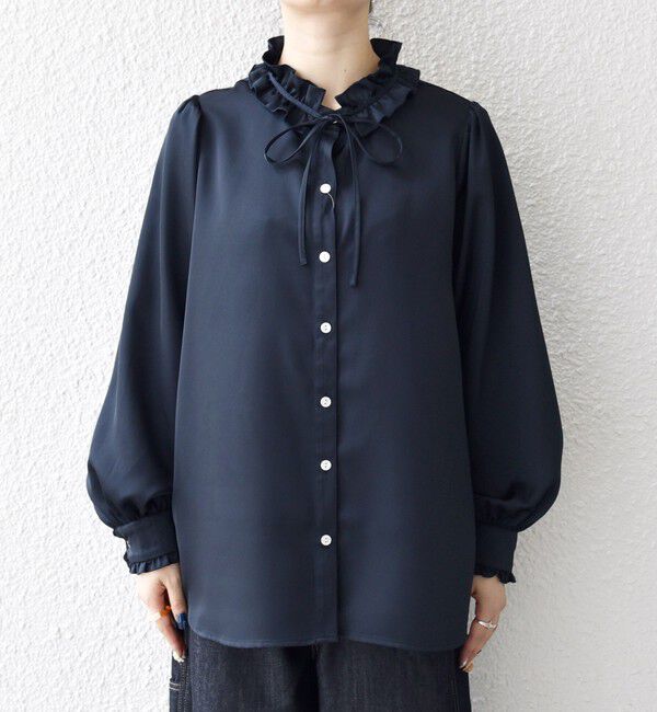 SHIPS any「《追加予約》SHIPS any:〈洗濯機可能〉サテン フリル カラー リボン シャツ ブラウス」|シャツ・ブラウス|
