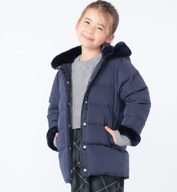 SHIPS KIDS「SHIPS KIDS:100～130cm /〈撥水/手洗い可能〉ミディアム丈 リサイクル ダウン フーディー」|ダウン|ネイビー