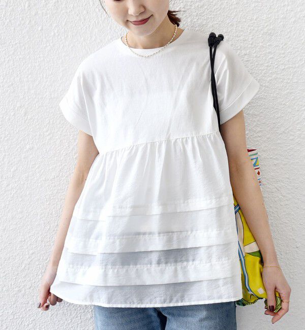 SHIPS for women「《予約》【WEB限定】〈手洗い可能〉布帛 コンビ ペプラム TEE」|Tシャツ・カットソー|ホワイト
