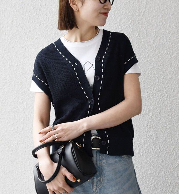 SHIPS any「《予約》SHIPS any:〈手洗い可能〉リネン レーヨン ステッチ 編み Vネック ベスト」|ベスト・ジレ|