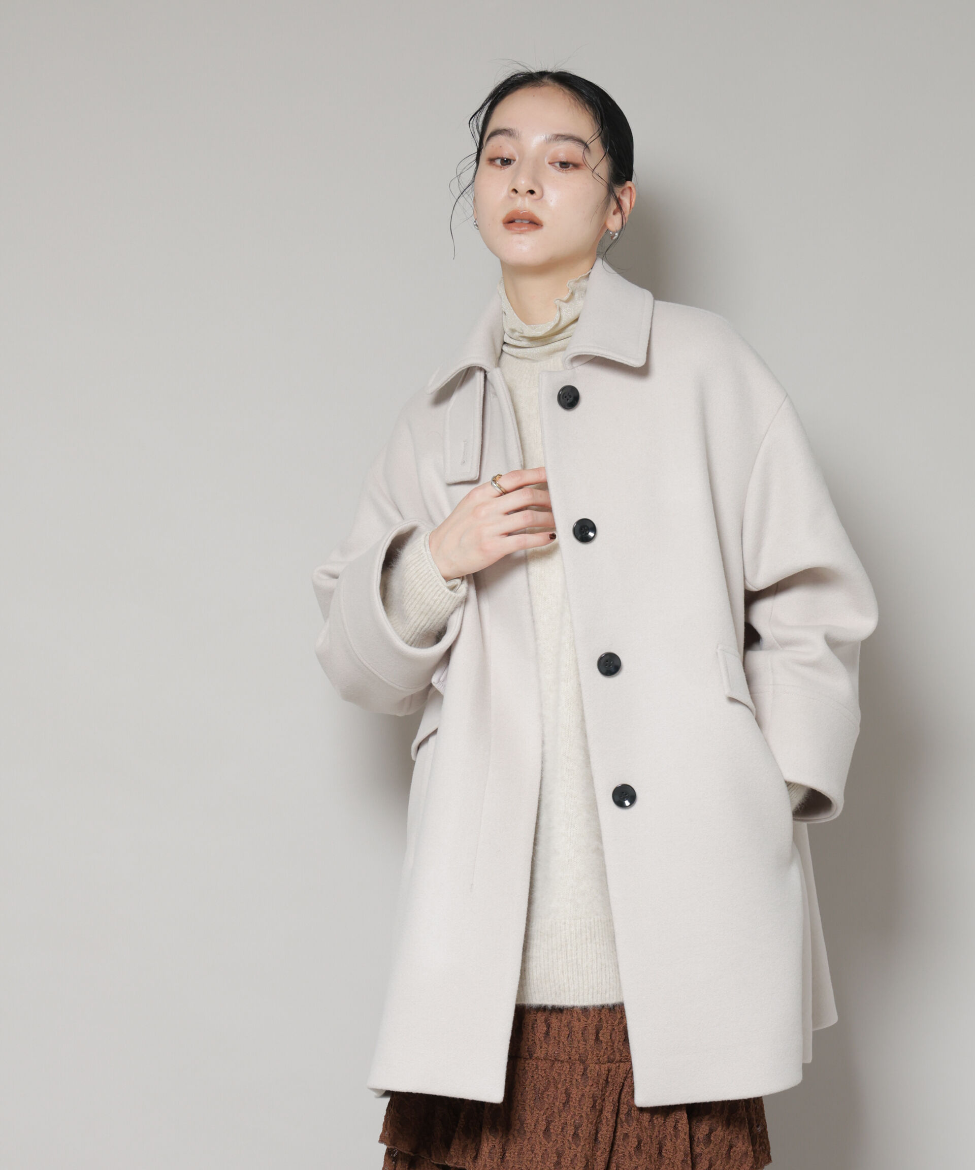 nano･universe「WooLoop Aラインステンカラーミドルコート」|その他|ライトベージ 1