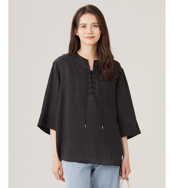 自由区「【カタログ掲載・接触冷感・洗える】ラミーローンプルオーバー ブラウス」|シャツ・ブラウス|ブラック