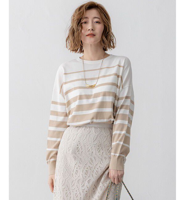 23区「【洗える】プレミアムビオコットン ボーダー ワイド ニット」|ニット・セーター|オフ&times;ベージュ